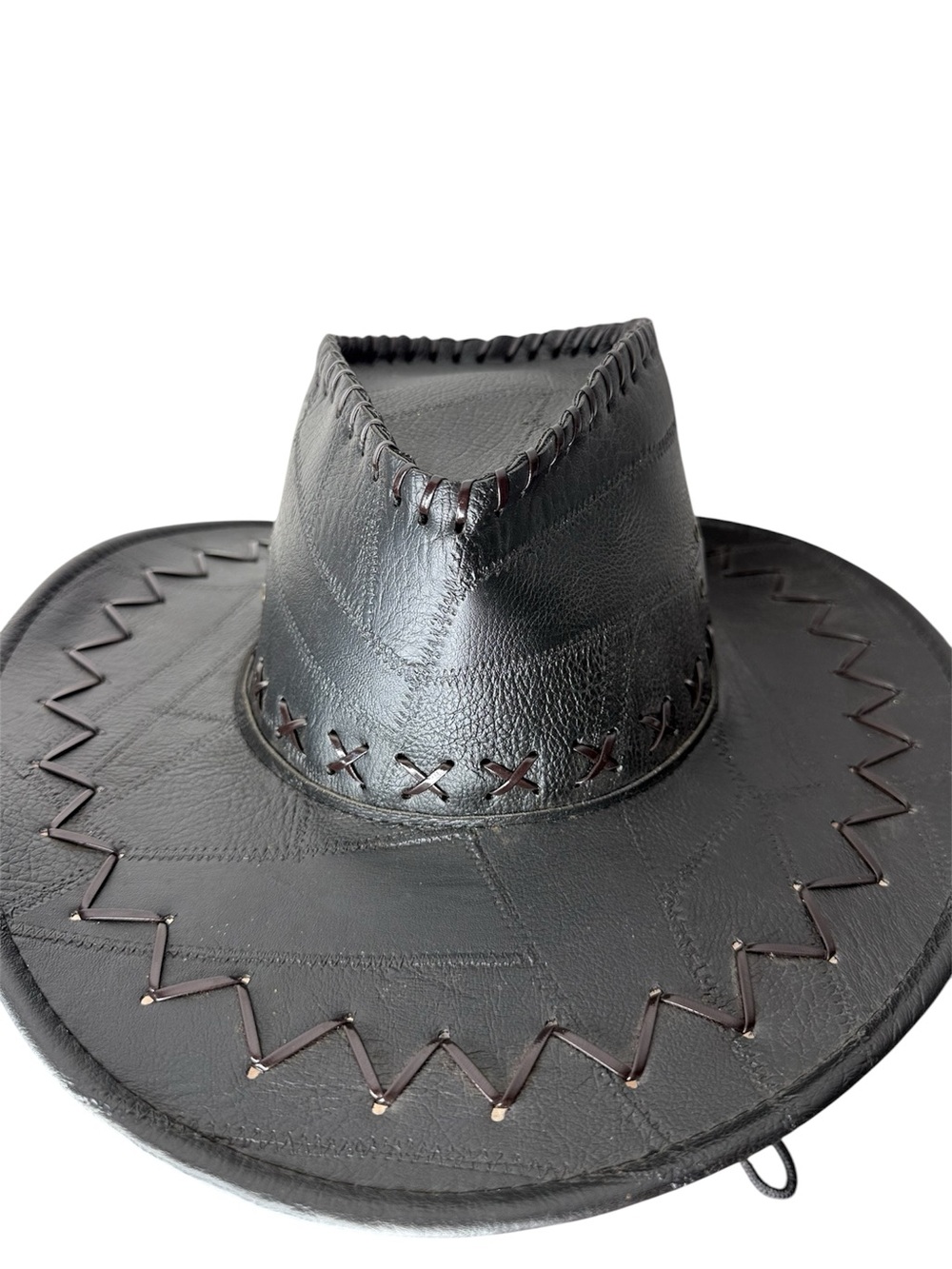 Black Faux Leather Faux Suede Cowboy Hat Western Patchwork Cross Stitching Rodeo